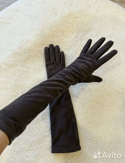 Перчатки длинные кожа/замш (темно коричневые)
