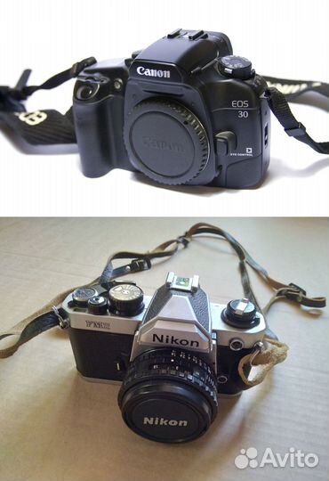 Пленочные фотоаппараты Canon EOS 30 и Nikon FM2