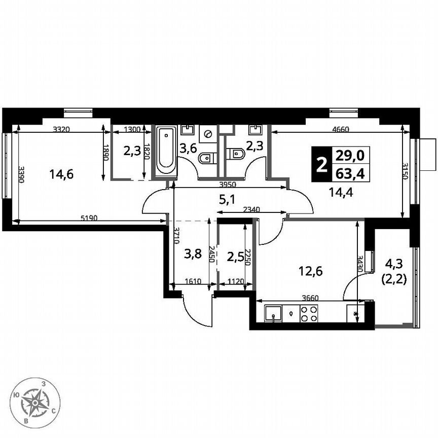 2-к. квартира, 63,4 м², 13/18 эт.