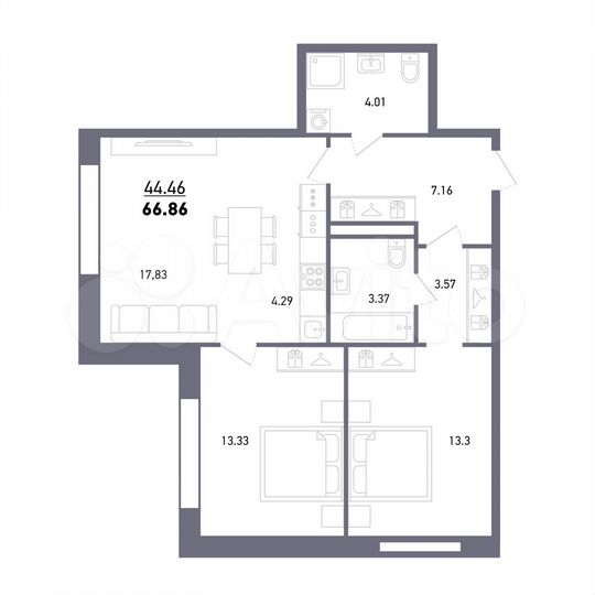 3-к. квартира, 66,9 м², 3/27 эт.