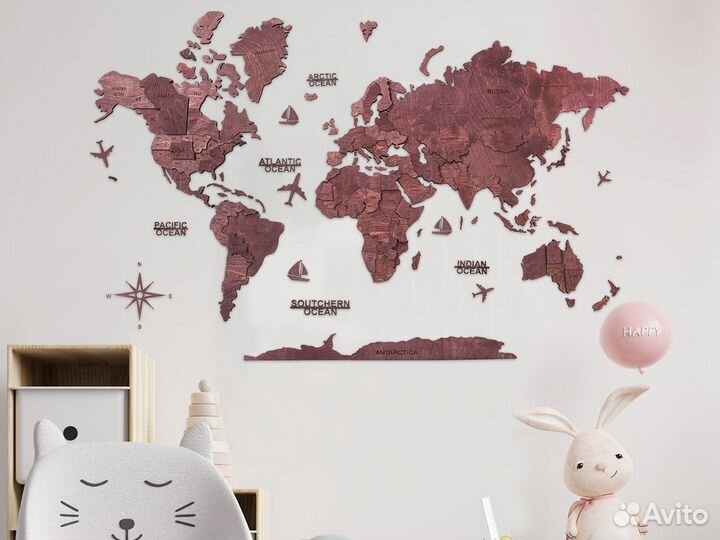 Карта мира для интерьера из дерева