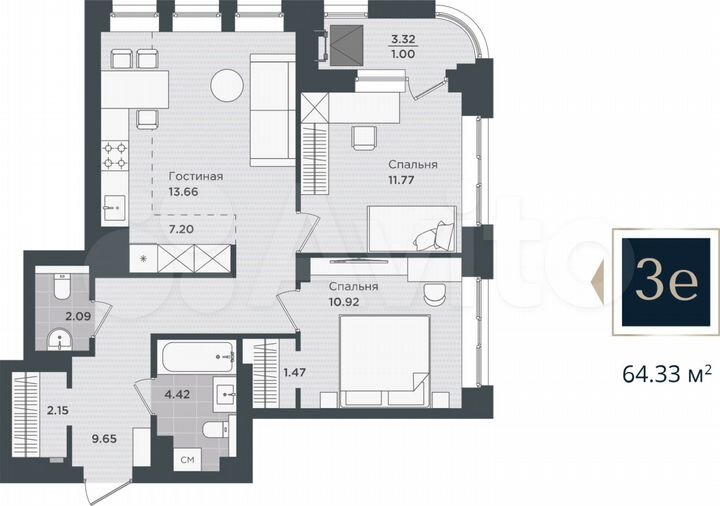 3-к. квартира, 64,3 м², 11/24 эт.
