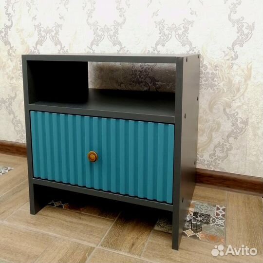 Напольная прикроватная тумба Графит+Аквамарин