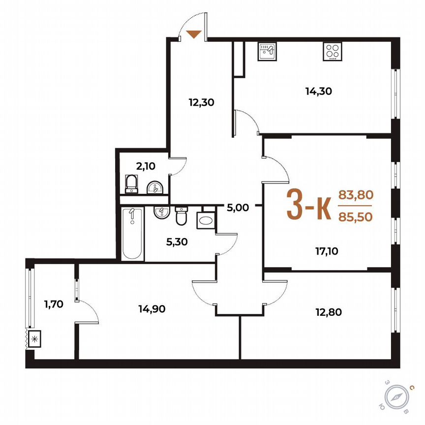 3-к. квартира, 85,5 м², 4/8 эт.
