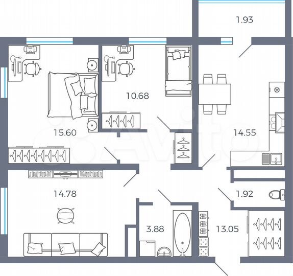 3-к. квартира, 76,4 м², 9/16 эт.