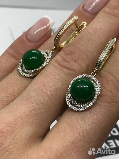 Золотые серьги 585 с Жадеитами 12,6 ct и бриллиант