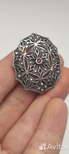 Брошь серебро 800 проба марказиты, Гранат сер. XX