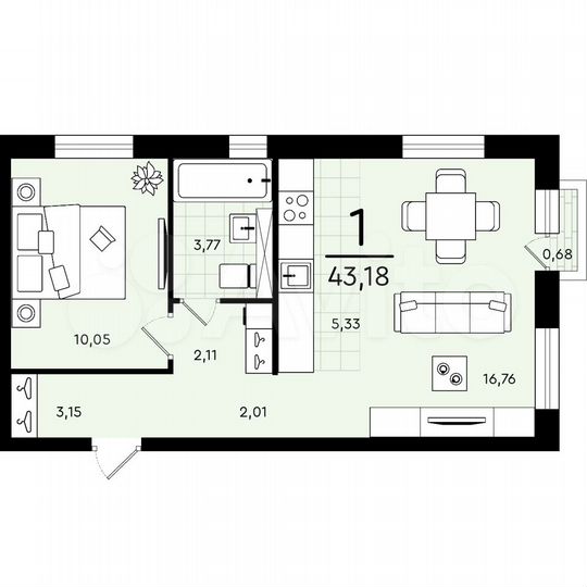 1-к. квартира, 43,2 м², 3/4 эт.