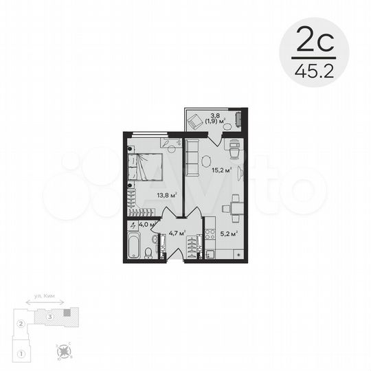 2-к. квартира, 45,2 м², 6/6 эт.