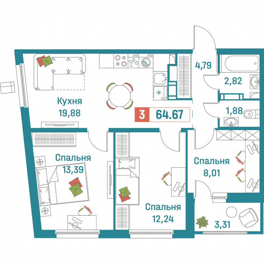 3-к. квартира, 64,7 м², 6/18 эт.
