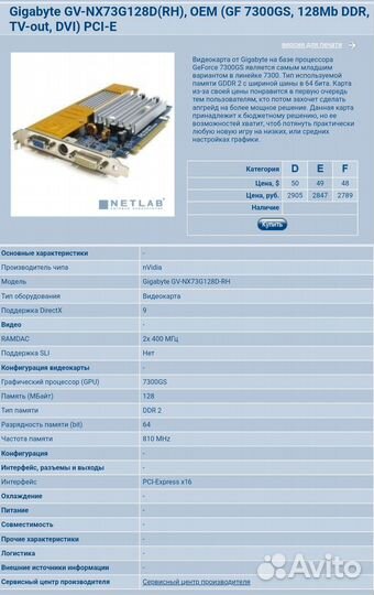 Gigabyte GV-nx73g128d, GF 7300GS, 128Mb DDR, PCI-E