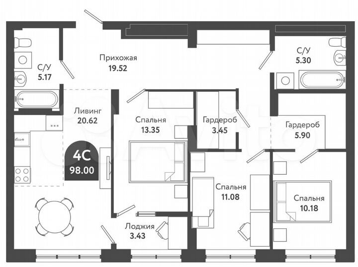 4-к. квартира, 98 м², 22/25 эт.