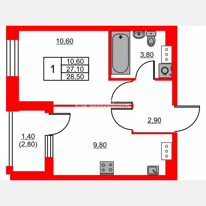 1-к. квартира, 28,5 м², 8/13 эт.