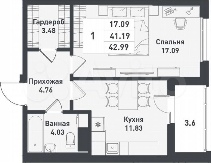 1-к. квартира, 43 м², 9/12 эт.