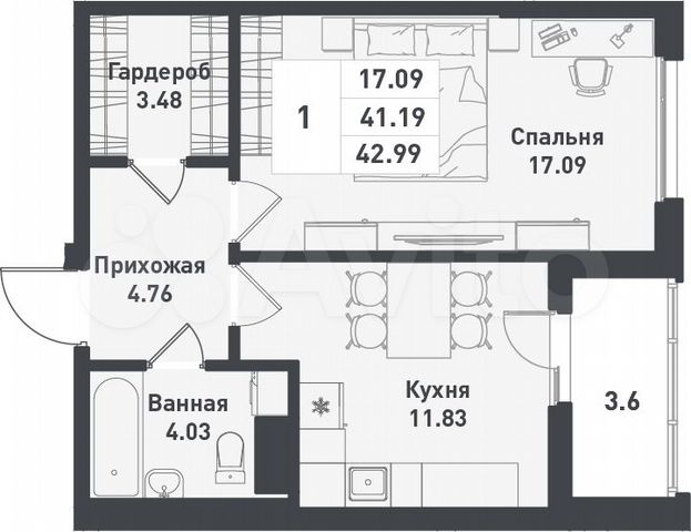 1-к. квартира, 43 м², 9/12 эт.