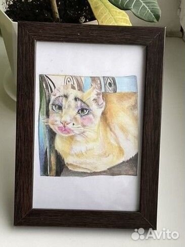Кошка- мем. Картина цветными карандашами в рамке
