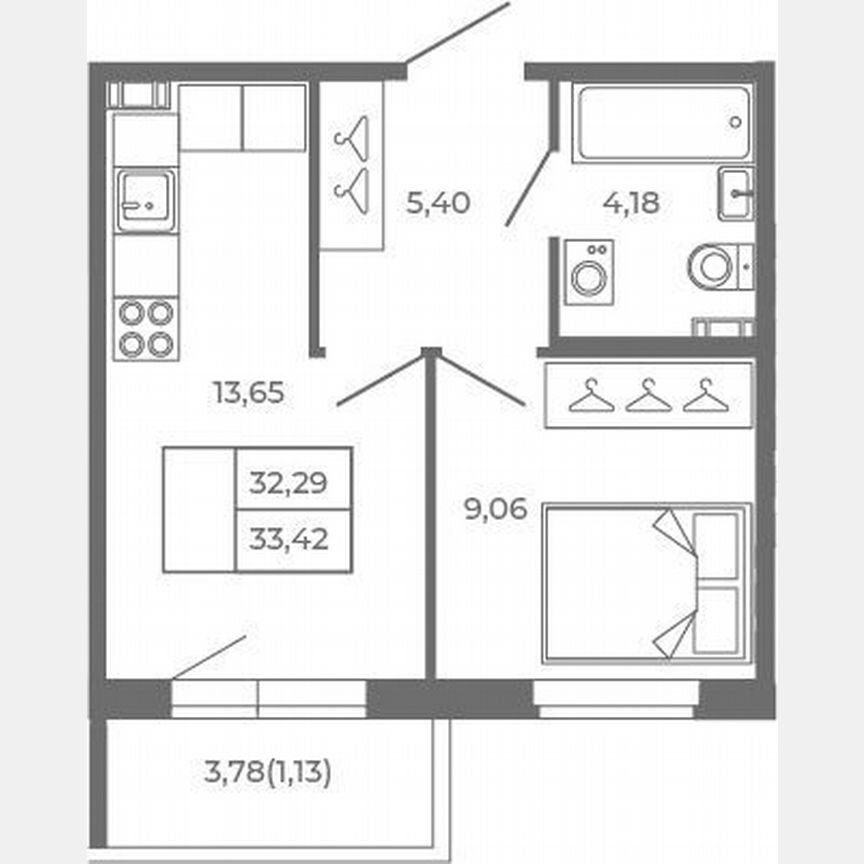 1-к. квартира, 32,3 м², 4/4 эт.
