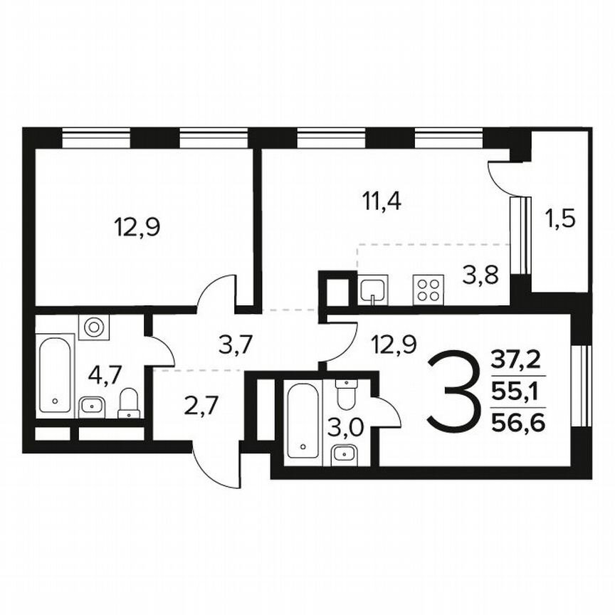 3-к. квартира, 56,6 м², 6/11 эт.