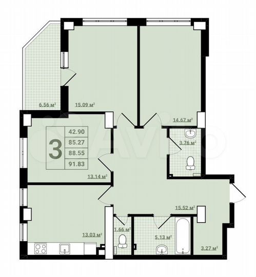 3-к. квартира, 91,8 м², 2/25 эт.
