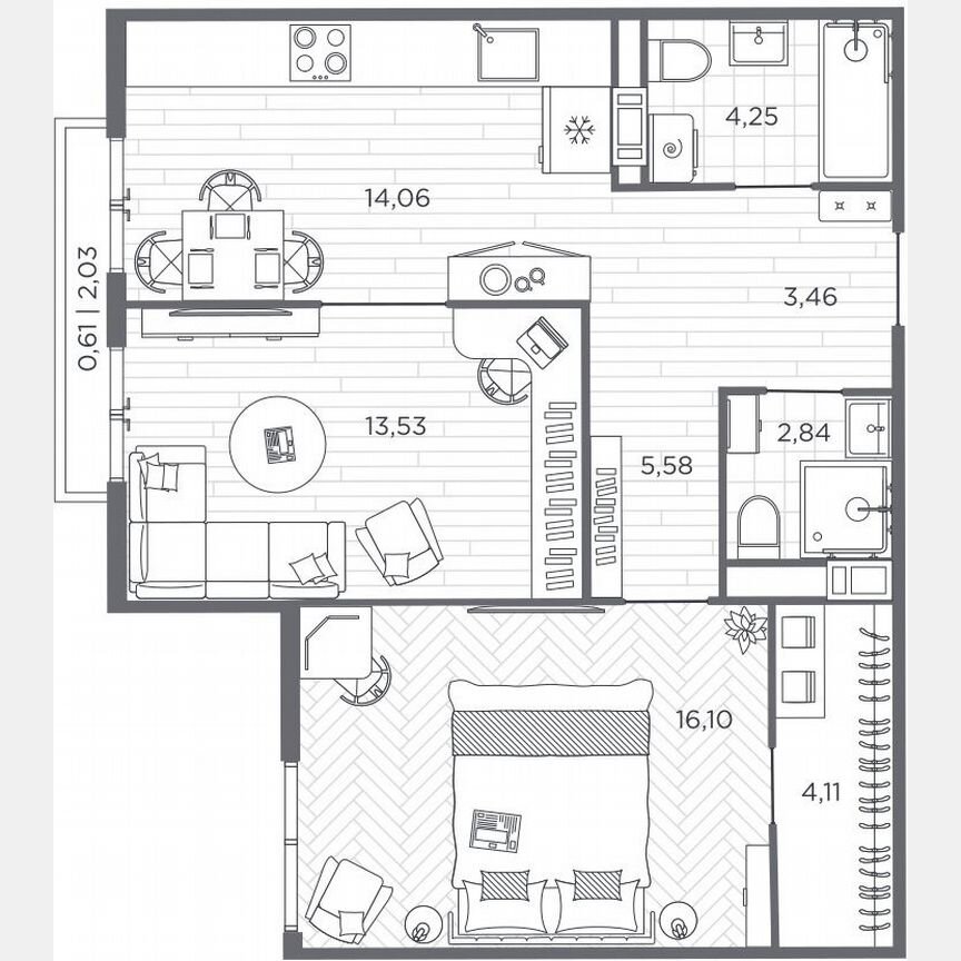 2-к. квартира, 64,5 м², 6/9 эт.