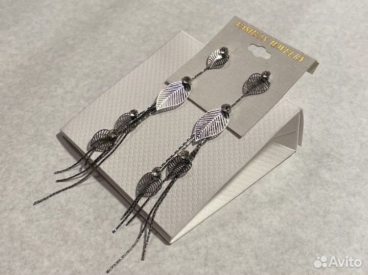 Длинные серьги серебристые листья бижутерия