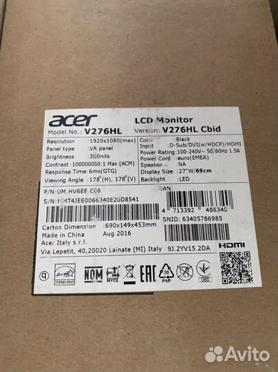 Монитор Acer 276 hl cbid (27 
