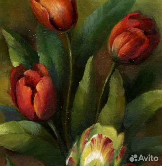 Картина с цветами маслом тюльпаны 16х36см