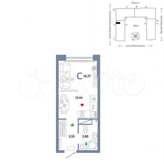 Квартира-студия, 19,8 м², 8/15 эт.