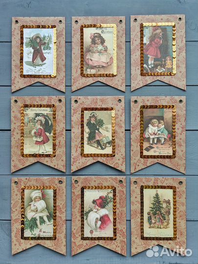 Новогодние крафт-флажки с винтажными детками