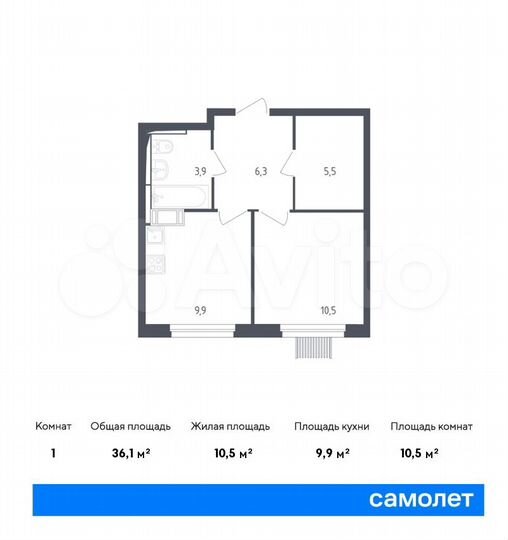 1-к. квартира, 36,1 м², 10/17 эт.