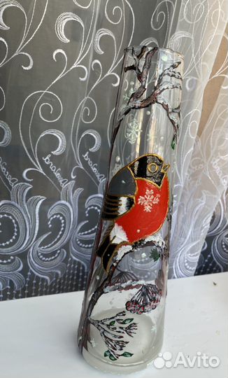 Стеклянная ваза с витражной росписью «Снегири»