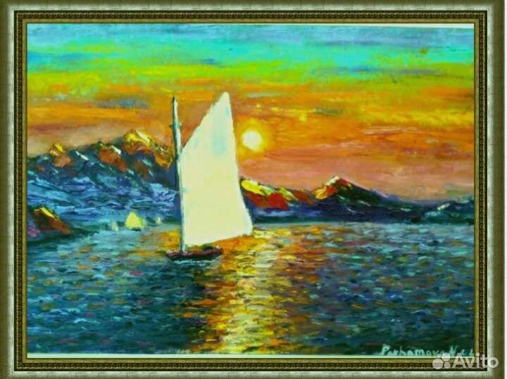 Картина картон,масло, морской пейзаж,парусник