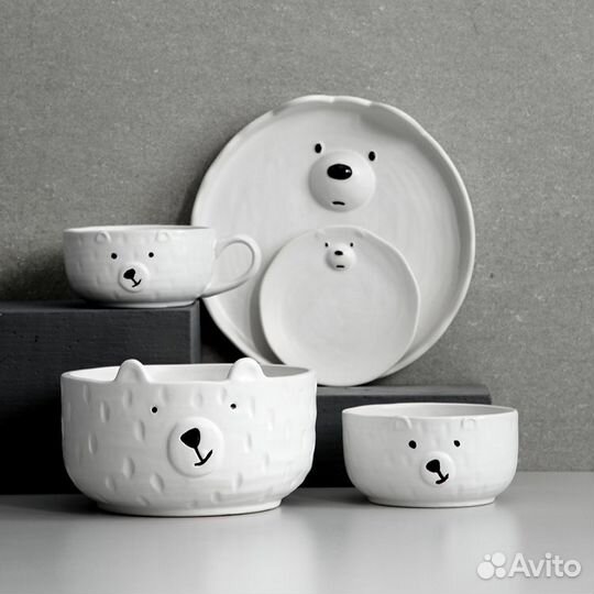 Набор белой посуды для детей с медведем