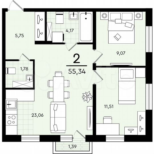 2-к. квартира, 55,3 м², 4/4 эт.