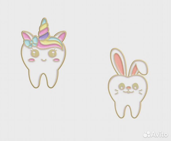 Значки зуб единорог и зайчик металлические 2шт