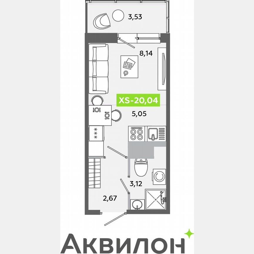 Квартира-студия, 20 м², 3/12 эт.