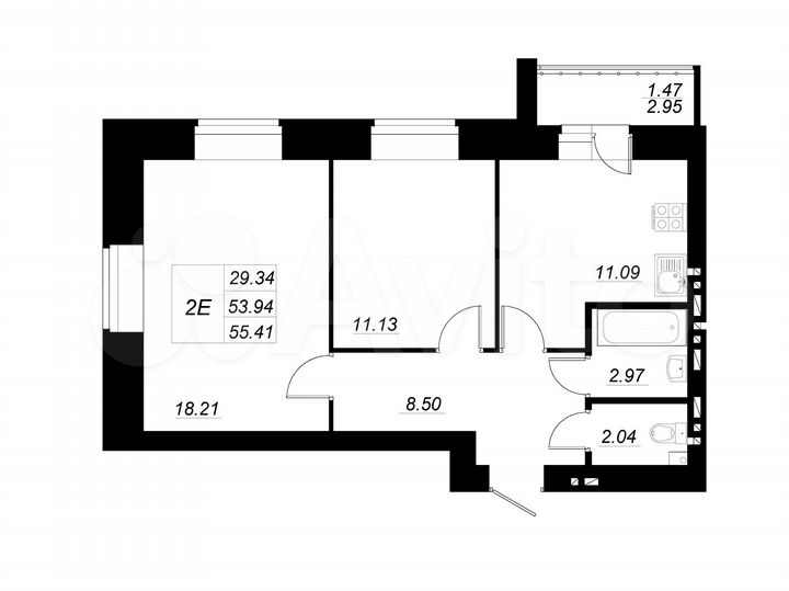 2-к. квартира, 55,4 м², 6/10 эт.