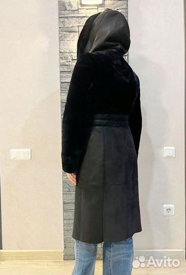 Дублёнка длинная с капюшоном