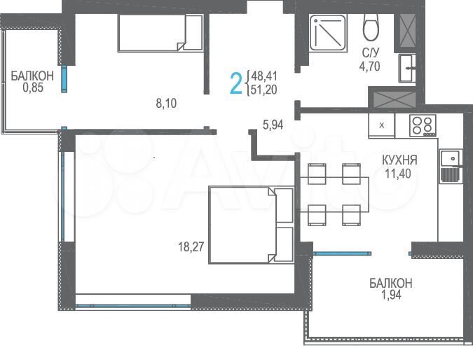 2-к. квартира, 51,2 м², 13/16 эт.