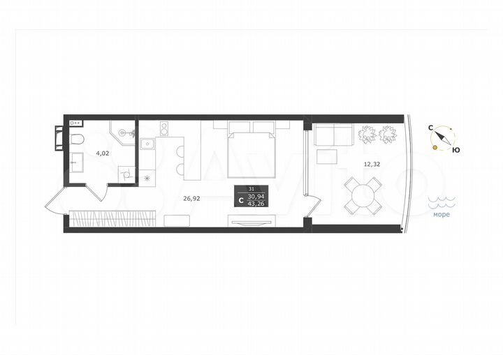 Апартаменты-студия, 43,3 м², 5/11 эт.