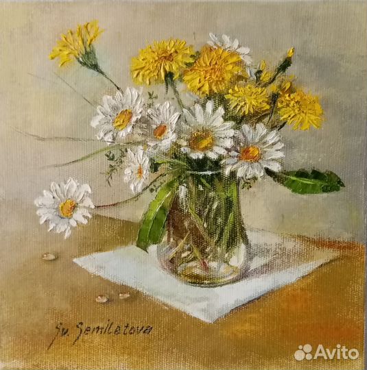 Картина Букет ромашек и одуванчиков 20 на 20 см