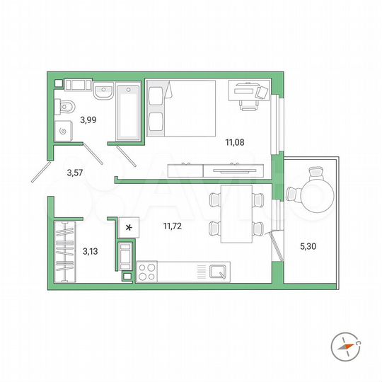 1-к. квартира, 35,1 м², 3/9 эт.