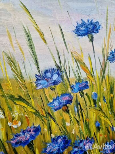 Картина маслом пейзаж полевые цветы васильки