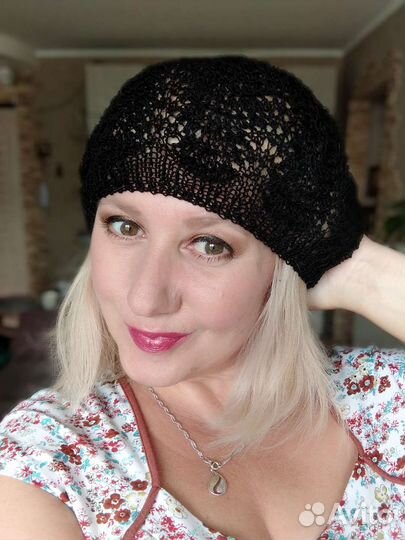 Береты из хлопка, ажурные - ручной работы