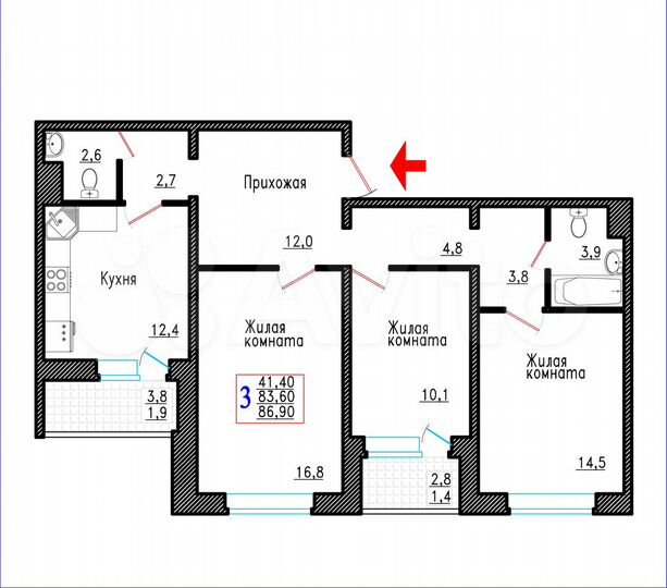 3-к. квартира, 86,9 м², 11/18 эт.