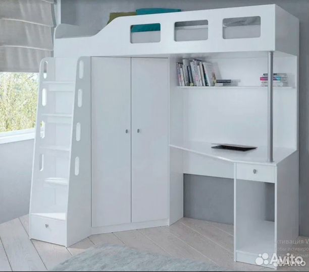 Кровать чердак Белый/Голубой