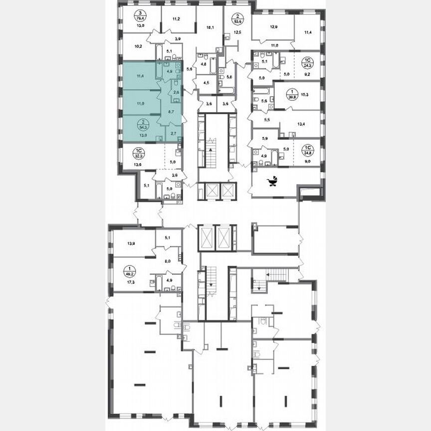 2-к. квартира, 54,3 м², 1/20 эт.