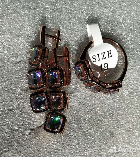 Серьги кольцо топаз мистик цирконы золото