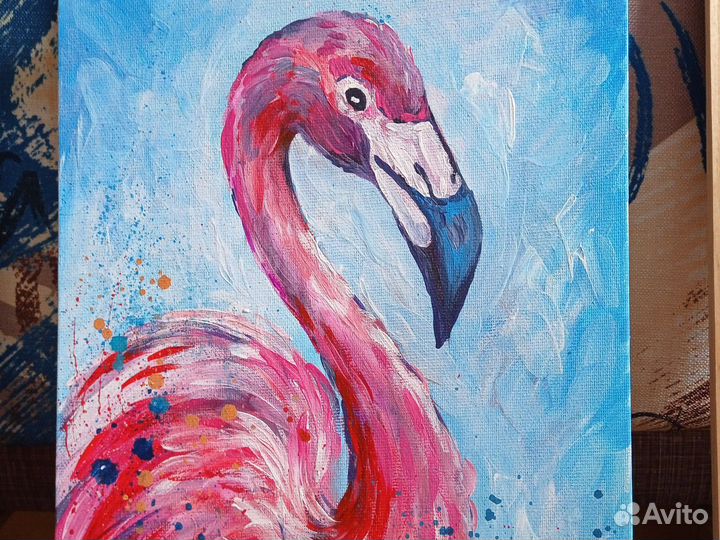 Картина акрилом на холсте птица фламинго