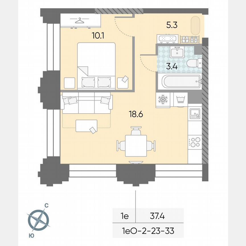 1-к. квартира, 37,4 м², 30/43 эт.